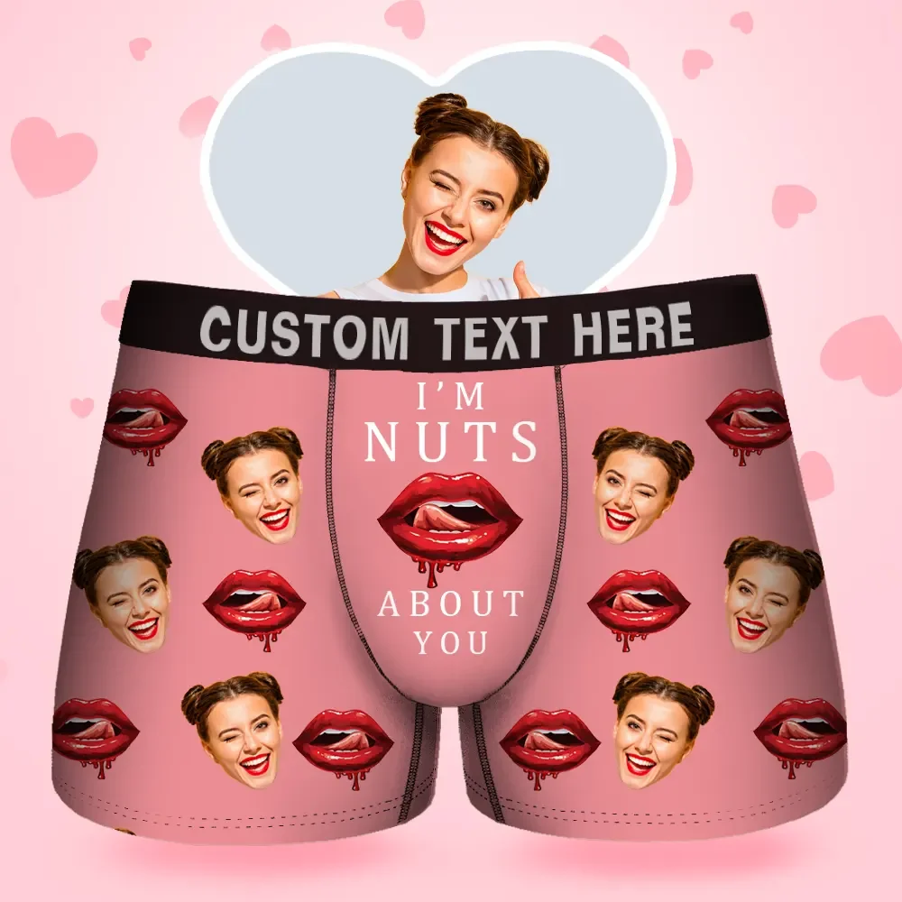 Custom Face Men's Boxer I'M Nuts About You For Boyfriend Style Underwear, Birthday Gifts for Husband, Waistband Text Boxer Gift
