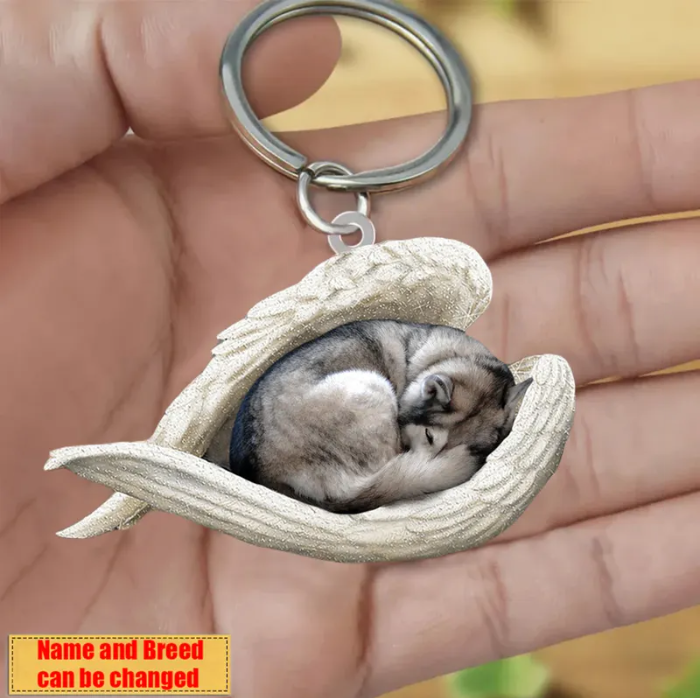 Personalized Stainless Dog Sleeping Angel Keychain - Double Sides Printed