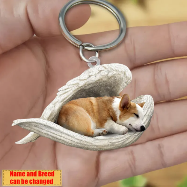 Personalized Stainless Dog Sleeping Angel Keychain - Double Sides Printed