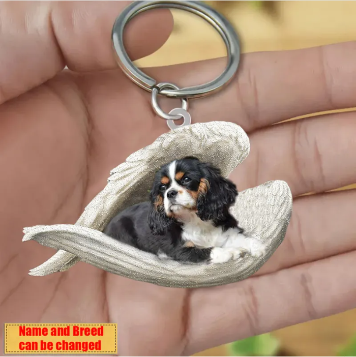 Personalized Stainless Dog Sleeping Angel Keychain - Double Sides Prin