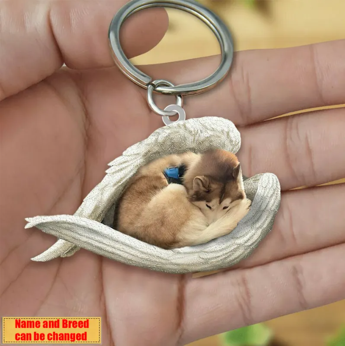 Personalized Stainless Dog Sleeping Angel Keychain - Double Sides Printed