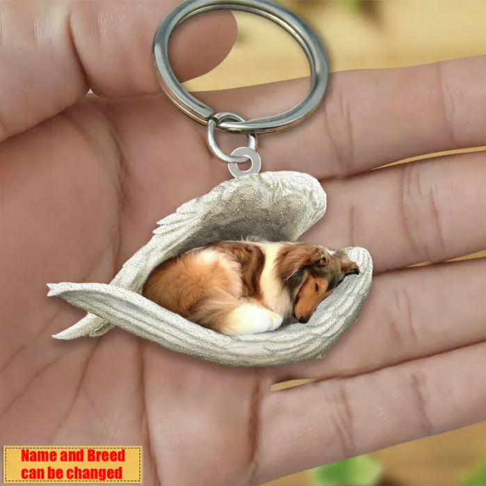 Personalized Stainless Dog Sleeping Angel Keychain - Double Sides Printed