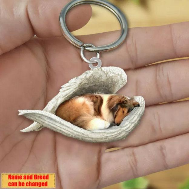 Personalized Stainless Dog Sleeping Angel Keychain - Double Sides Printed