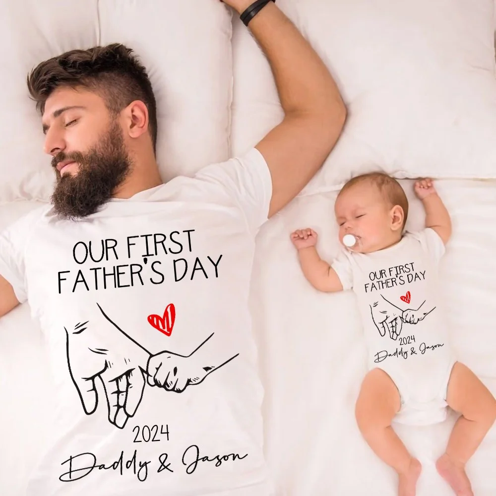 Customized Holding Hands Name Parent-child Shirt, Our First Father's Day Shirt, Cotton Father&Baby Bodysuit, Birthday/Father's Gift for Dad/Grandpa