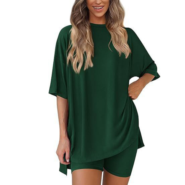 Summer casual round neck slit shirt side pocket shorts two-piece set 
