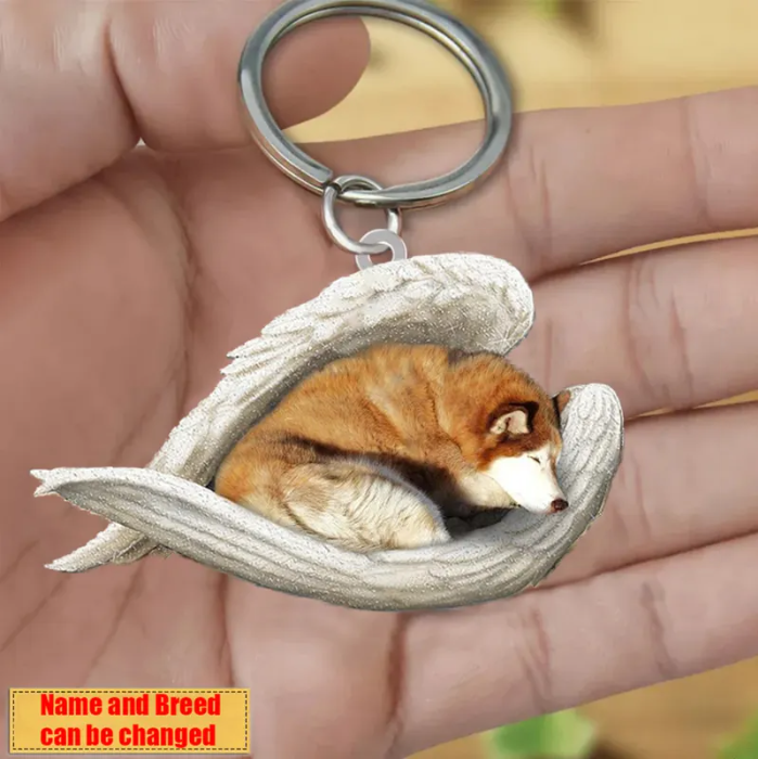Personalized Stainless Dog Sleeping Angel Keychain - Double Sides Prin