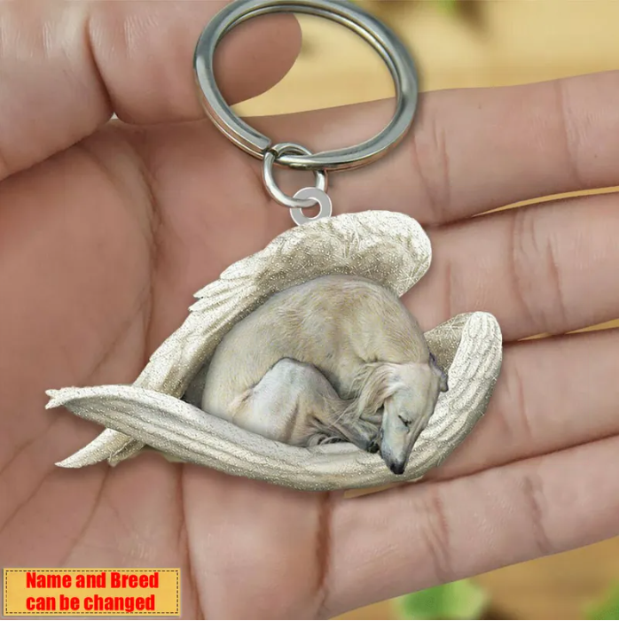 Personalized Stainless Dog Sleeping Angel Keychain - Double Sides Prin