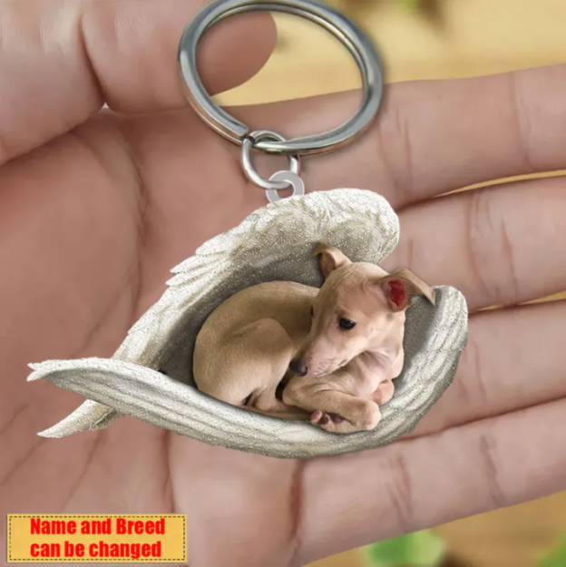 Personalized Stainless Dog Sleeping Angel Keychain - Double Sides Printed