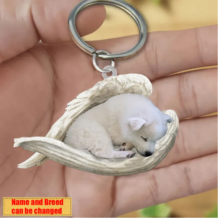 Personalized Stainless Dog Sleeping Angel Keychain - Double Sides Prin