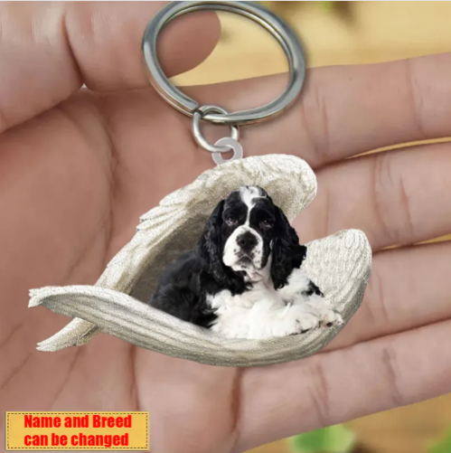Personalized Stainless Dog Sleeping Angel Keychain - Double Sides Printed