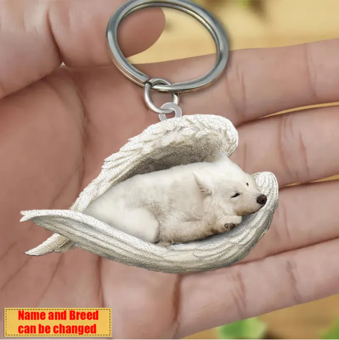 Personalized Stainless Dog Sleeping Angel Keychain - Double Sides Printed