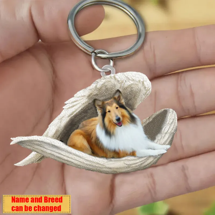 Personalized Stainless Dog Sleeping Angel Keychain - Double Sides Prin