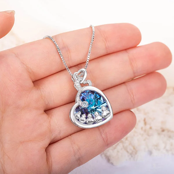 Personalised Snowman Family Heart Necklace with Engraved Names and Birthstone Jewellery