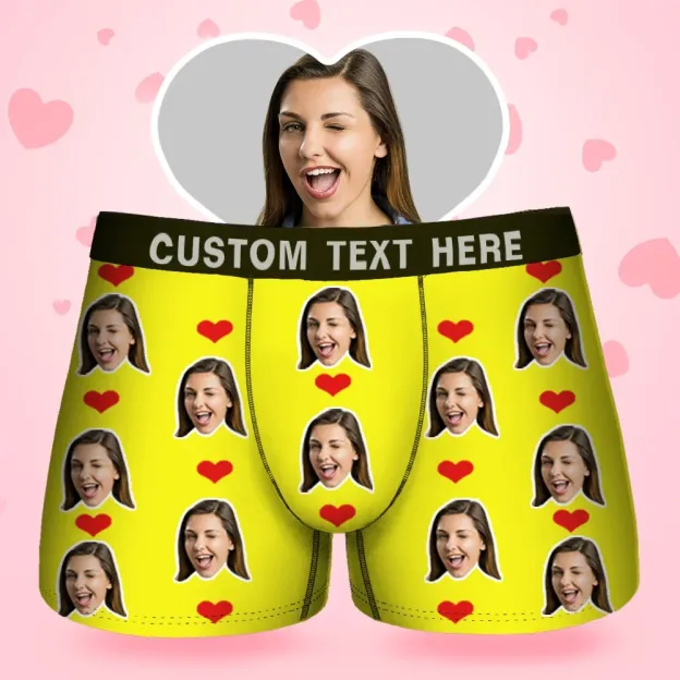 Custom Face Men's Boxer Sweet Heart Love Style Underwear, Birthday Gifts for Husband, Waistband Text Boxer Gift