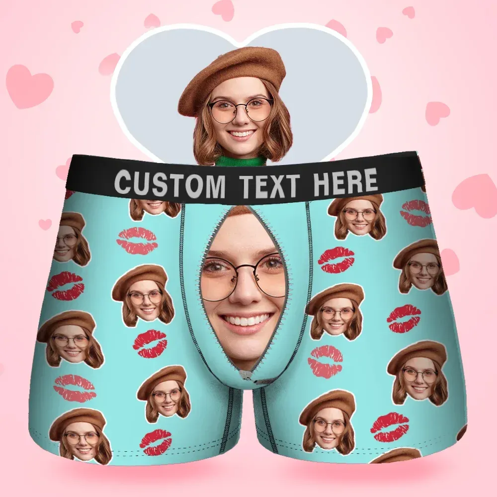 Custom Face Men's Boxer Love Heart Girlfriend Style Underwear, Birthday Gifts for Husband, Waistband Text Boxer Gift