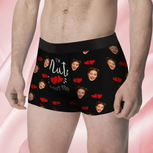 Custom Face Men's Boxer I'M Nuts About You Style Underwear, Birthday Gifts for Husband, Waistband Text Boxer Gift
