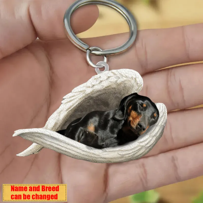 Personalized Stainless Dog Sleeping Angel Keychain - Double Sides Printed