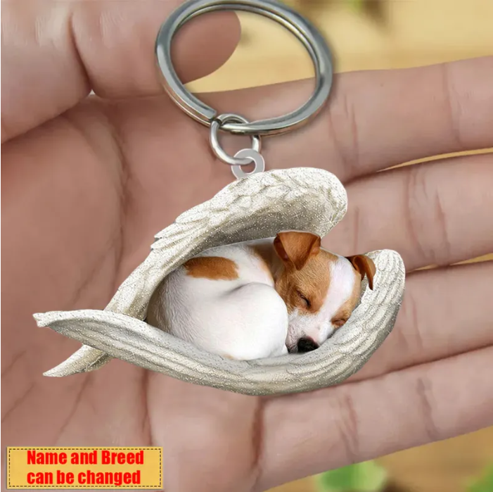 Personalized Stainless Dog Sleeping Angel Keychain - Double Sides Prin
