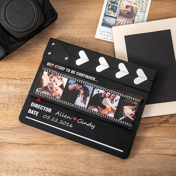 Personalized Rolling Photos Wooden Ornament with Film Clapperboard Design Anniversary Valentine's Day Romantic Gift for Couple