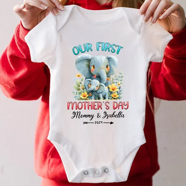 Personalized Cute Elephant Our First Mother's Day Cotton T-shirt with Text First Mother's Day Birthday Gift for New Mommy