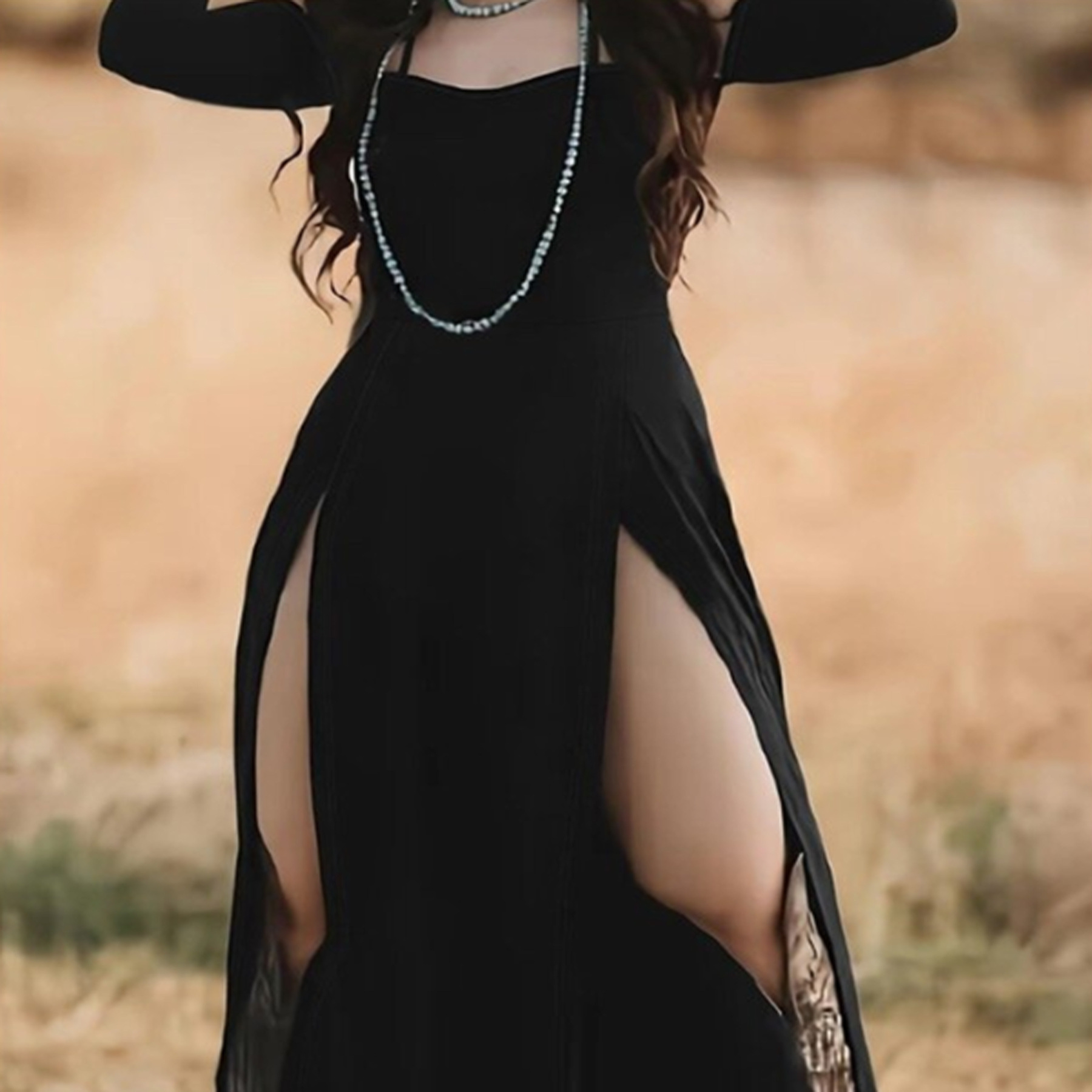 Retro halterneck backless slit maxi dress