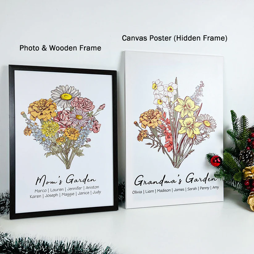 Personalized Birth flower Bouquet Names Frame
