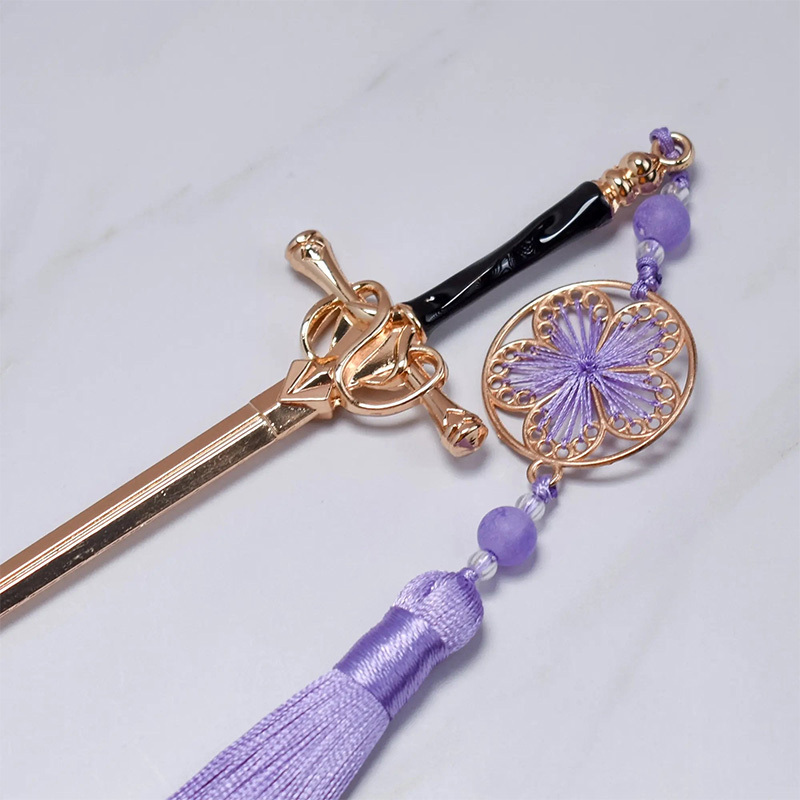 Cherry blossom amethyst sword-shaped hairpin