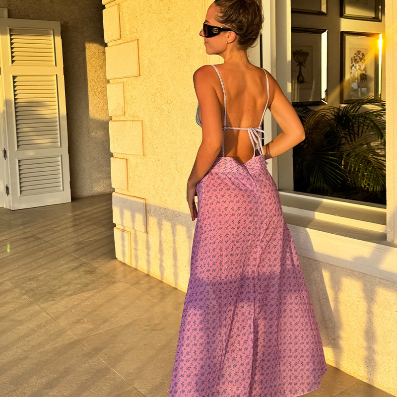 Vacation bikini paired with a side-slit sheer beach skirt