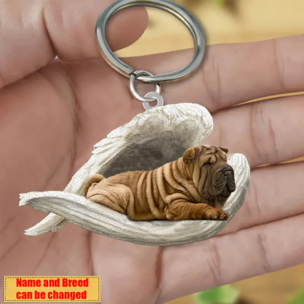 Personalized Stainless Dog Sleeping Angel Keychain - Double Sides Printed