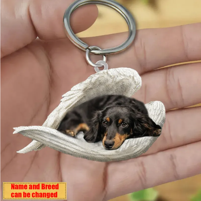 Personalized Stainless Dog Sleeping Angel Keychain - Double Sides Prin