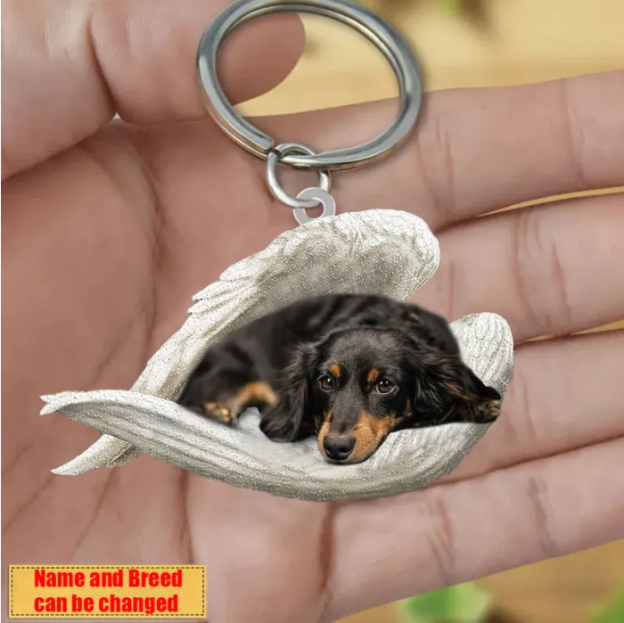 Personalized Stainless Dog Sleeping Angel Keychain - Double Sides Printed