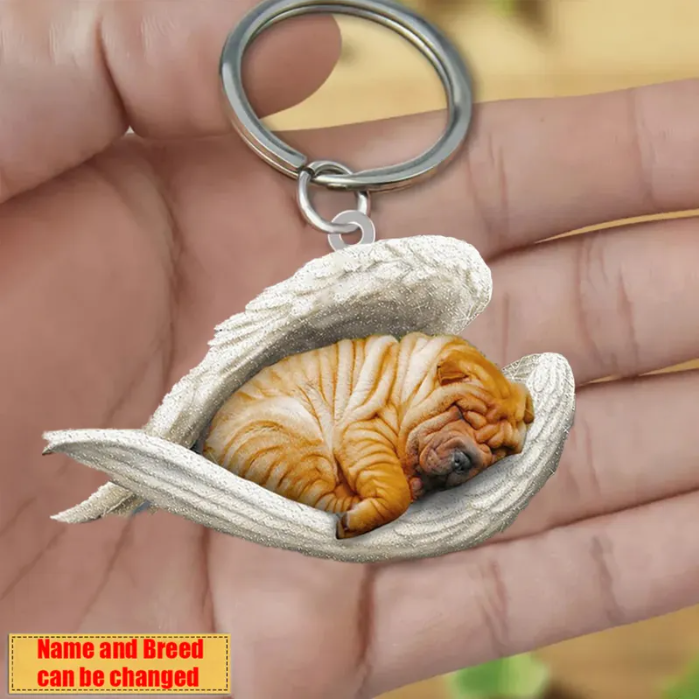 Personalized Stainless Dog Sleeping Angel Keychain - Double Sides Printed