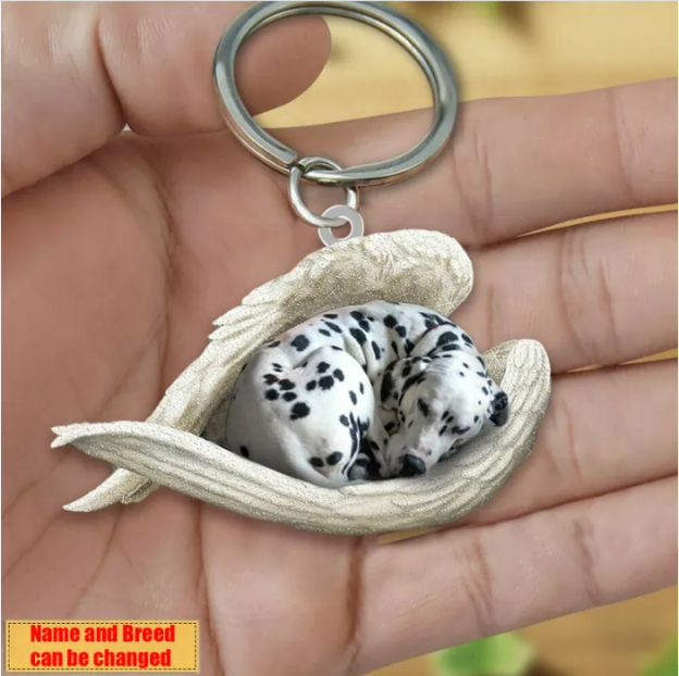 Personalized Stainless Dog Sleeping Angel Keychain - Double Sides Printed