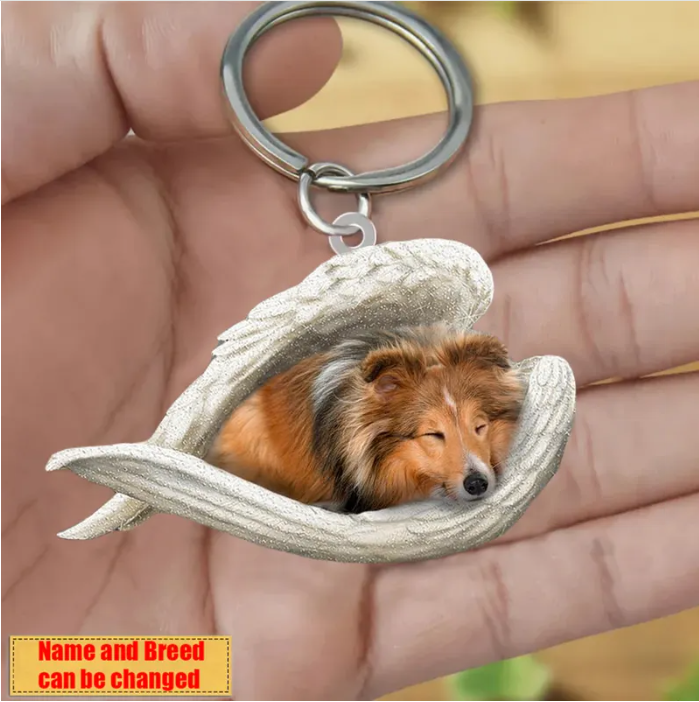 Personalized Stainless Dog Sleeping Angel Keychain - Double Sides Prin