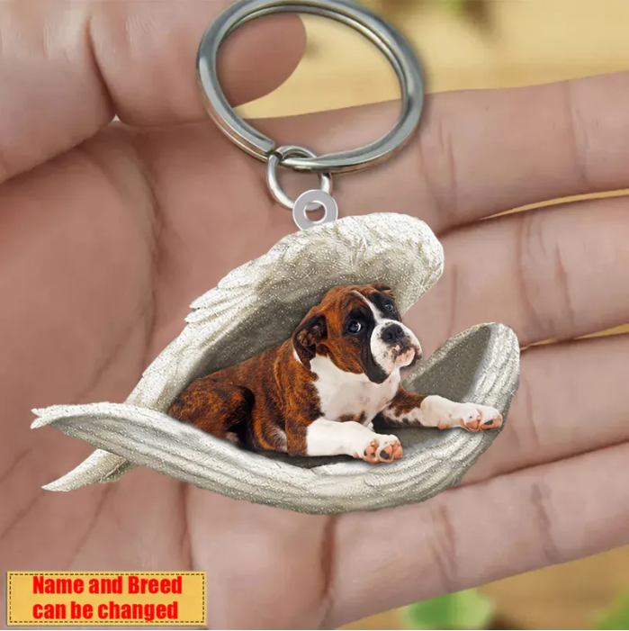Personalized Stainless Dog Sleeping Angel Keychain - Double Sides Printed