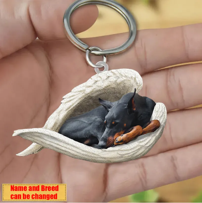 Personalized Stainless Dog Sleeping Angel Keychain - Double Sides Prin