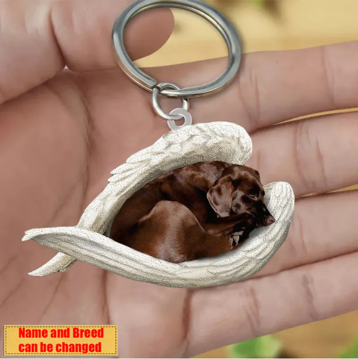 Personalized Stainless Dog Sleeping Angel Keychain - Double Sides Prin