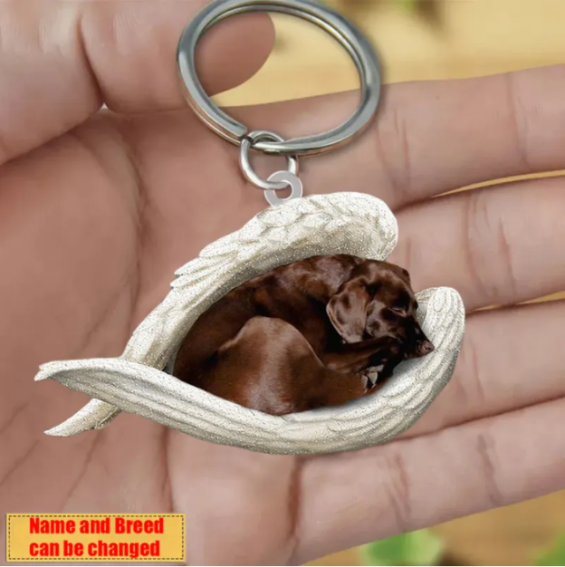 Personalized Stainless Dog Sleeping Angel Keychain - Double Sides Printed