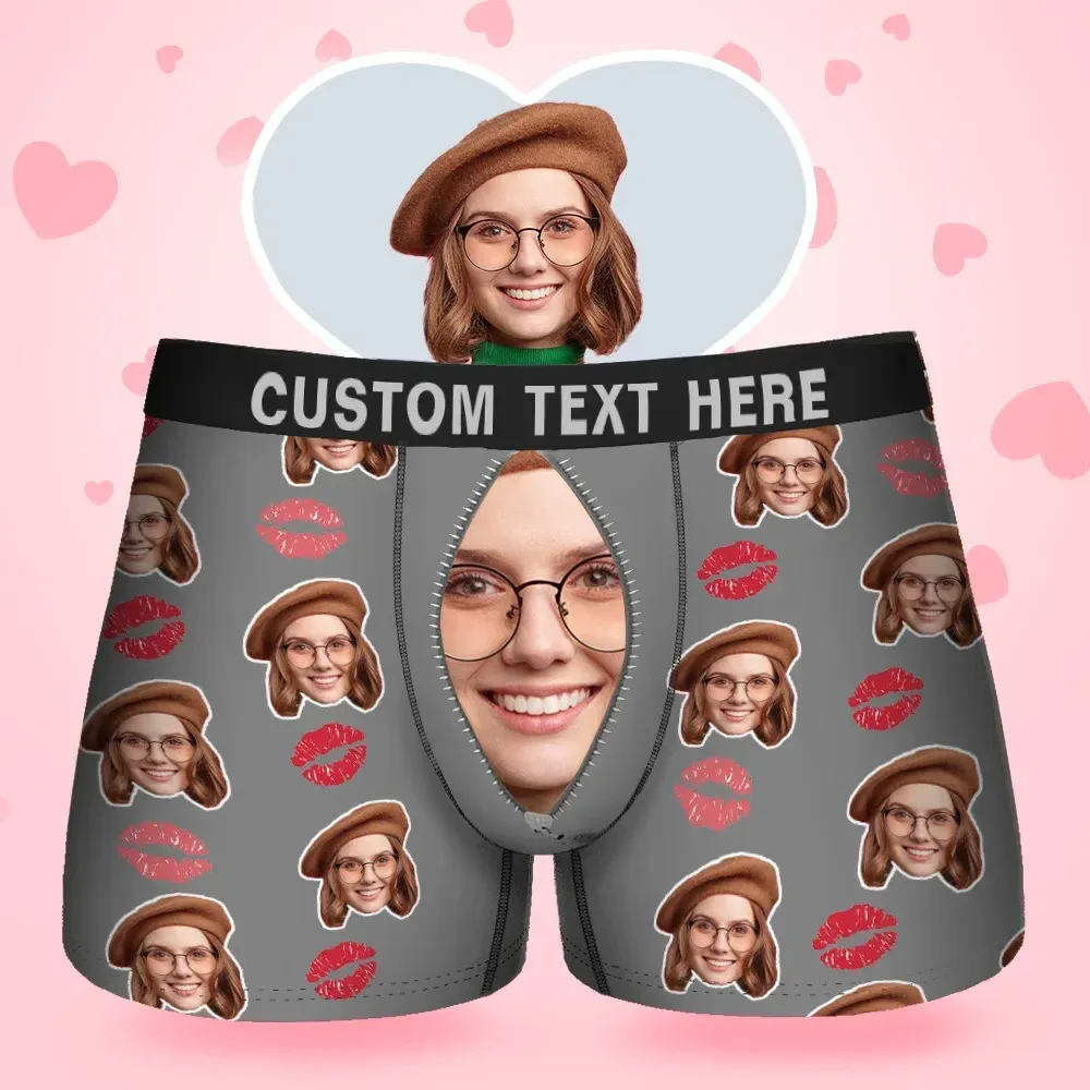 Custom Face Men's Boxer Love Heart Girlfriend Style Underwear, Birthday Gifts for Husband, Waistband Text Boxer Gift