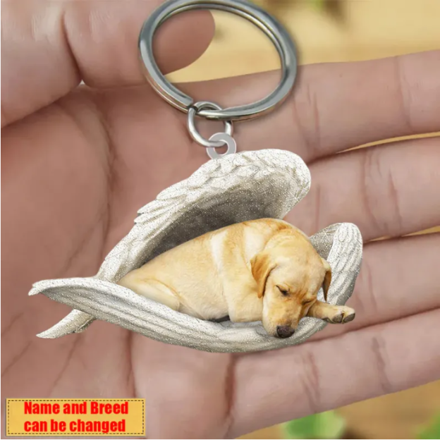 Personalized Stainless Dog Sleeping Angel Keychain - Double Sides Printed