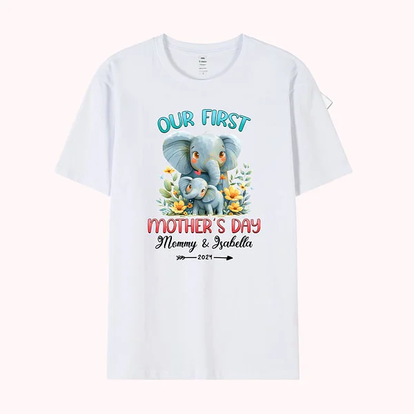 Personalized Cute Elephant Our First Mother's Day Cotton T-shirt with Text First Mother's Day Birthday Gift for New Mommy