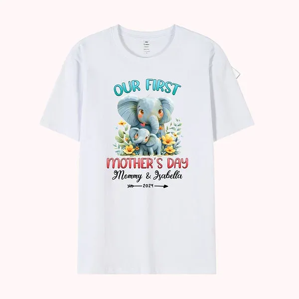 Personalized Cute Elephant Our First Mother's Day Cotton T-shirt with Text First Mother's Day Birthday Gift for New Mommy