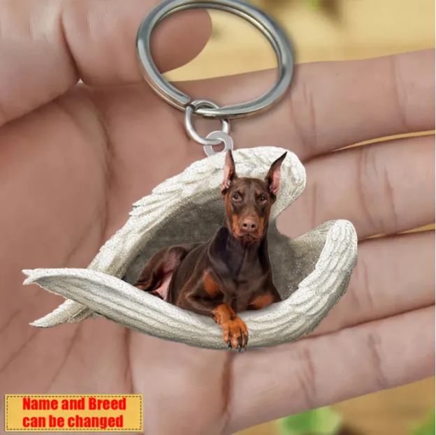 Personalized Stainless Dog Sleeping Angel Keychain - Double Sides Printed