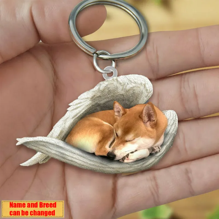 Personalized Stainless Dog Sleeping Angel Keychain - Double Sides Prin