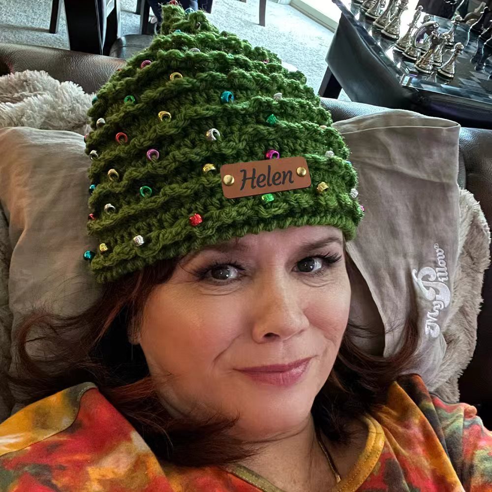 Custom Name Leather Patch Christmas Tree Personalized Crochet Hat