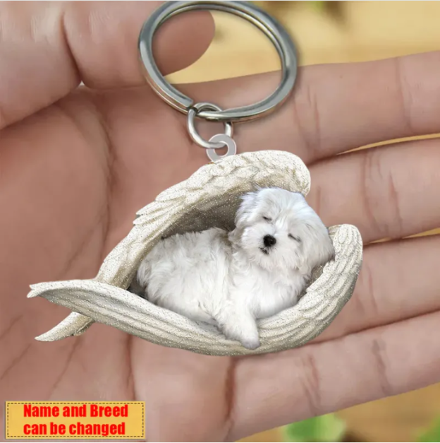 Personalized Stainless Dog Sleeping Angel Keychain - Double Sides Printed