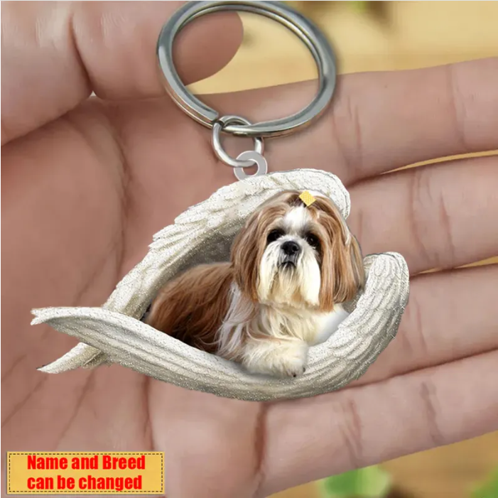 Personalized Stainless Dog Sleeping Angel Keychain - Double Sides Prin