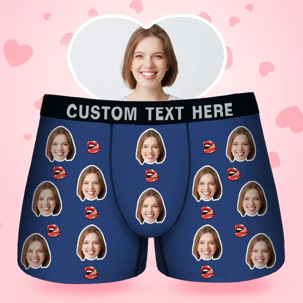 Father's Day Gifts Custom Face Men's Boxer Kiss Lip Gift For Him Couple Style Underwear, Birthday Gifts for Husband, Waistband Text Boxer Gift