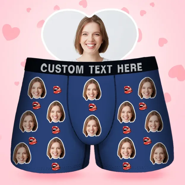 Father's Day Gifts Custom Face Men's Boxer Kiss Lip Gift For Him Couple Style Underwear, Birthday Gifts for Husband, Waistband Text Boxer Gift