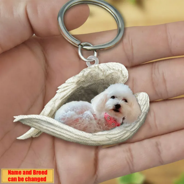 Personalized Stainless Dog Sleeping Angel Keychain - Double Sides Printed